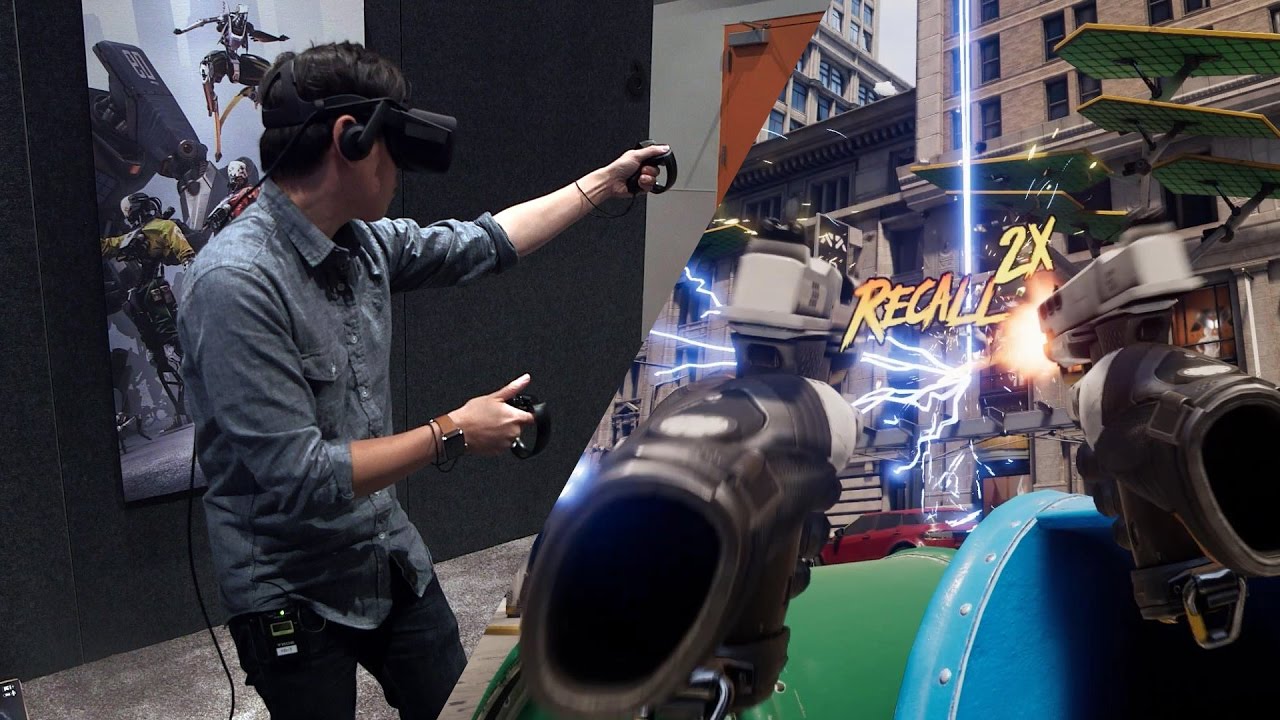 Man demoing the game Robo Recall with the Oculus Rift virtual reality HMD.